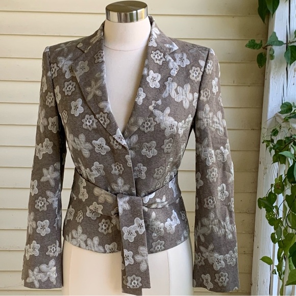 Marlowe Womens 40 (US 6) Blazer Jacket Brown Cream Embossed Floral Belted Italy - Picture 1 of 10